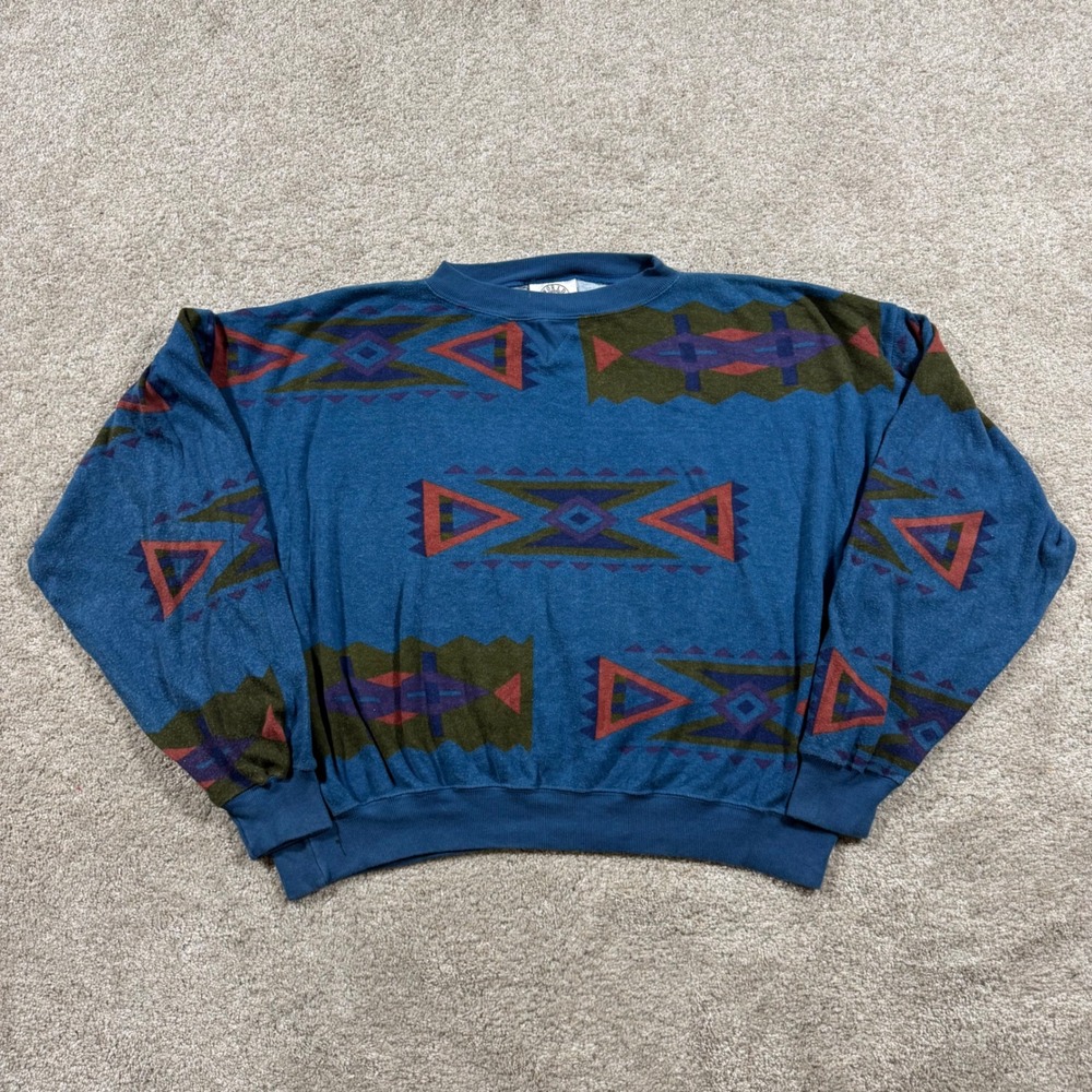 World Island Vintage Southwestern Geometric Aztec Boxy Sweatshirt Blue Large